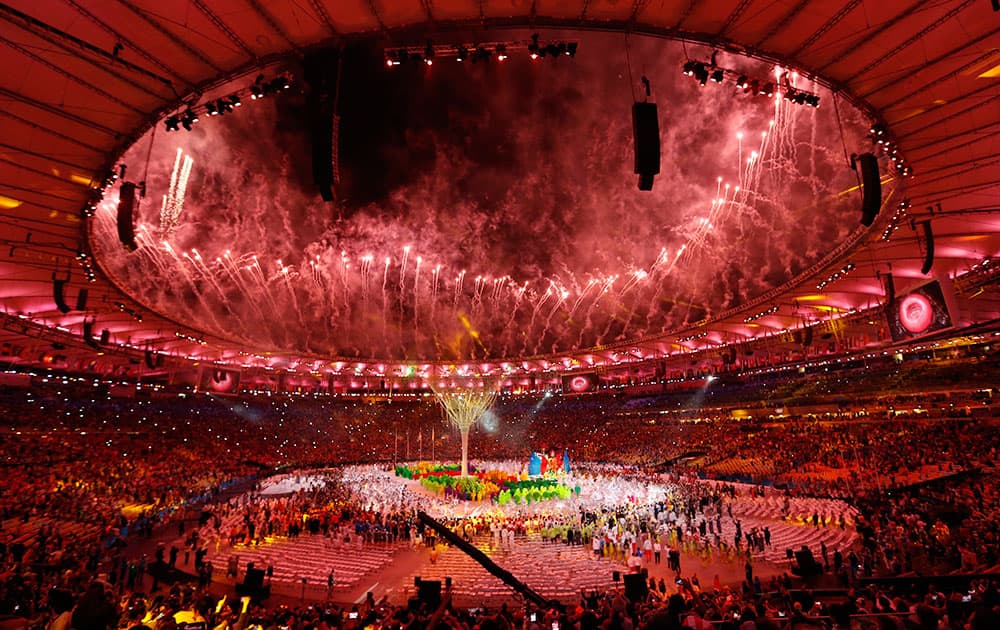 Pyrotechnics explode during the closing ceremony for the Summer Olympic inside Maracana stadium in Rio de Janeiro, Brazil