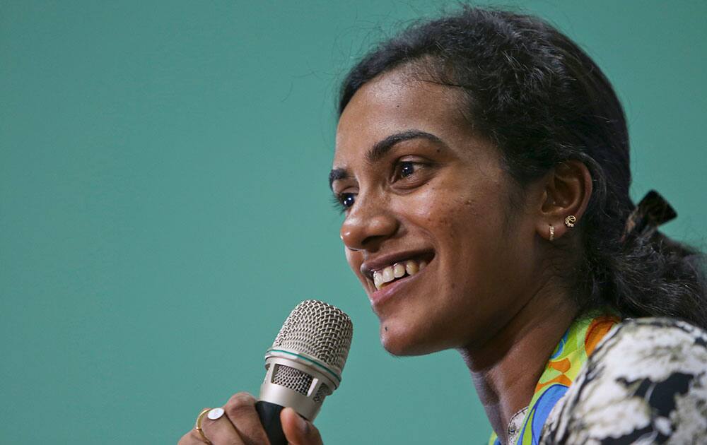 P.V. Sindhu addresses the media in Hyderabad