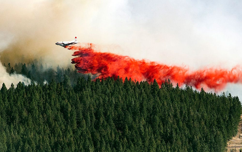 A plane drops a load of fire retardant on the north side of Beacon Hill in Spokane