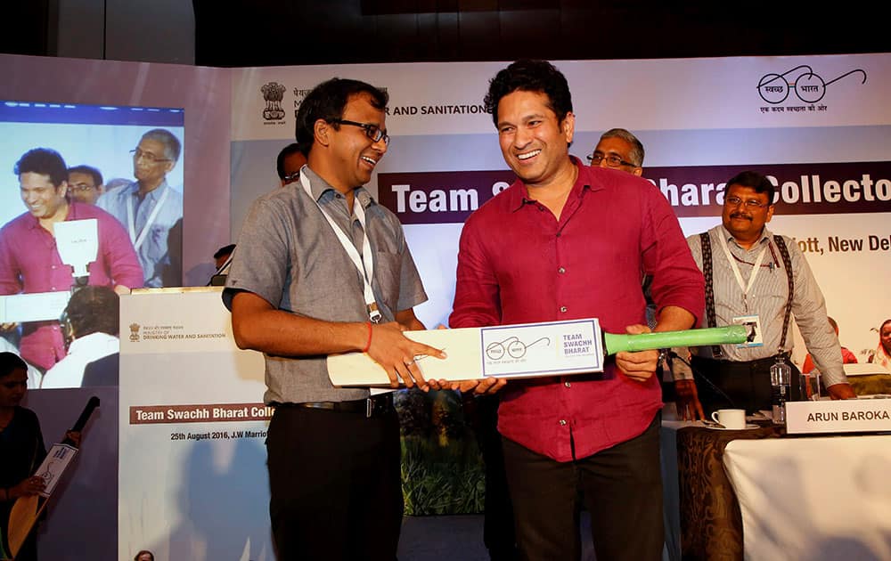 Cricket legend Sachin Tendulkar during a Team Swachh Bharat Collectors Conference in New Delhi