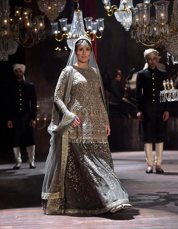 Bollywood actress Kareena Kapoor showcases a creation by designer Sabyasachi grand finale show of Lakme Fashion Week