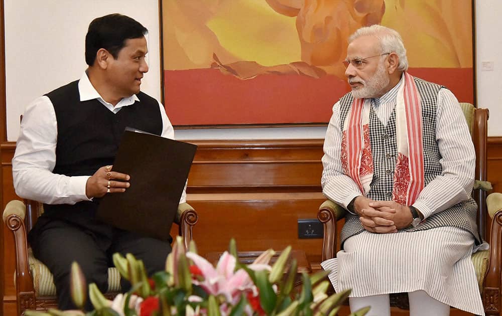 Prime Minister Narendra Modi with Assam Chief Minister Sarbananda Sonowal at a meeting in New Delhi