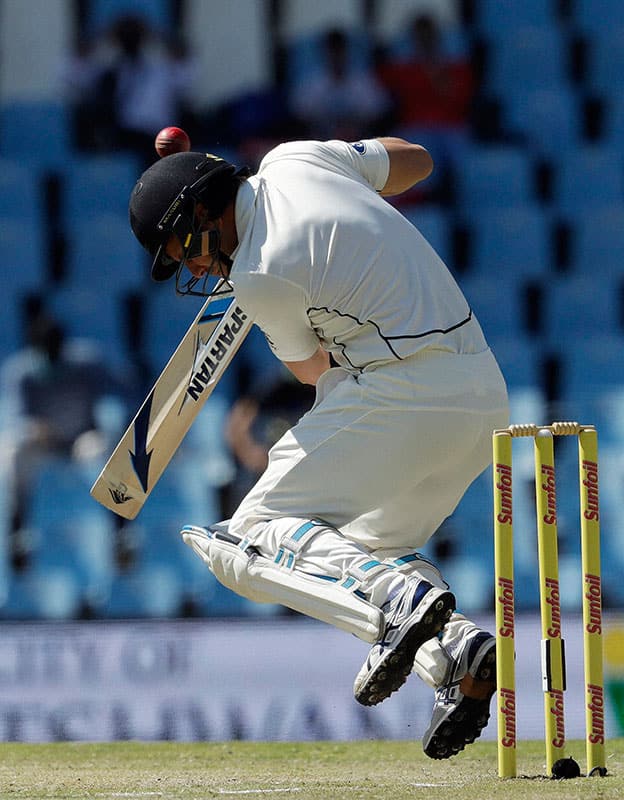 New Zealand's batsman Neil Wagner, is hit on the helmet by a delivery from South Africa`s bowler Kagiso Rabada on the third day of their second cricket test match New Zealand's batsman Neil Wagner, is hit on the helmet by a delivery from South Africa`s bowler Kagiso Rabada on the third day of their second cricket test match