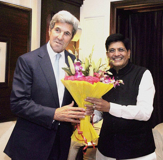 U.S. Secretary of State, John F. Kerry meeting the Minister of State for Power, Coal, New and Renewable Energy and Mines (Independent Charge), Piyush Goyal, in New Delhi U.S. Secretary of State, John F. Kerry meeting the Minister of State for Power, Coal, New and Renewable Energy and Mines (Independent Charge), Piyush Goyal, in New Delhi