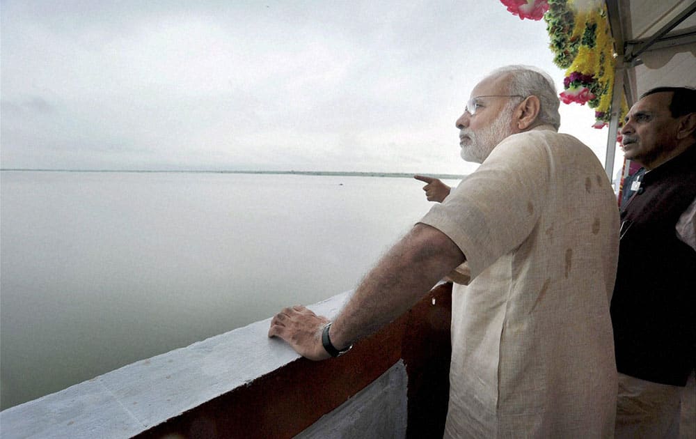 Prime Minister Narendra Modi at AJI-3 dam site of the project, in Jamnagar district, Gujarat Prime Minister Narendra Modi at AJI-3 dam site of the project, in Jamnagar district, Gujarat