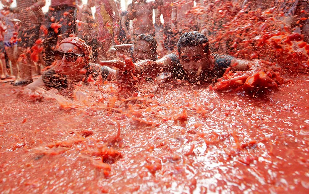 People lie in a puddle of squashed tomatoes, during the annual tomatina tomato fight fiesta People lie in a puddle of squashed tomatoes, during the annual tomatina tomato fight fiesta