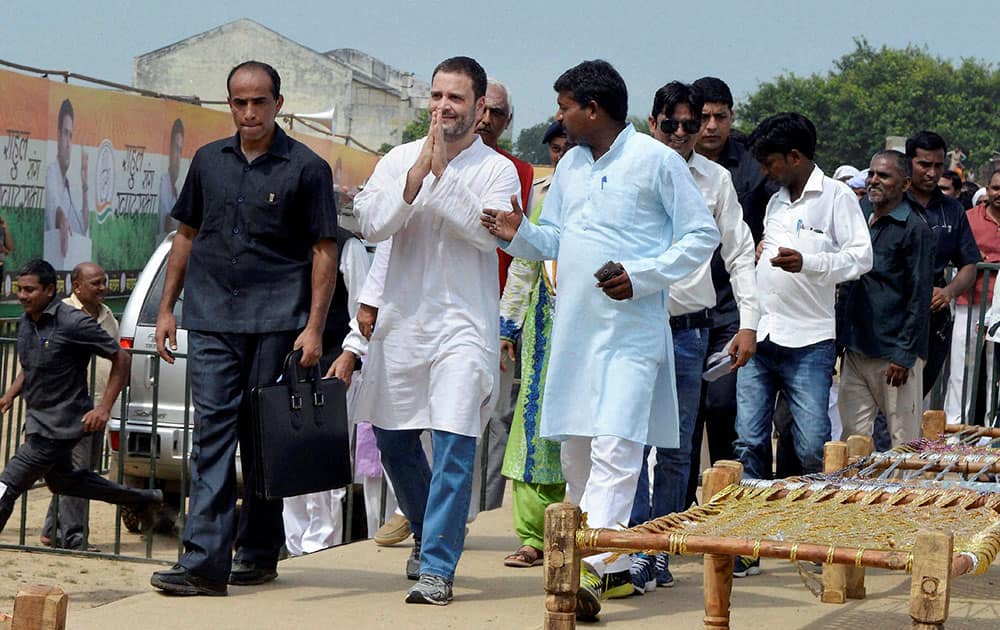 Congress Vice President Rahul Gandhi at Khat pe charcha programme for the launch of his Kisan Yatra for upcoming UP polls, in Deoria