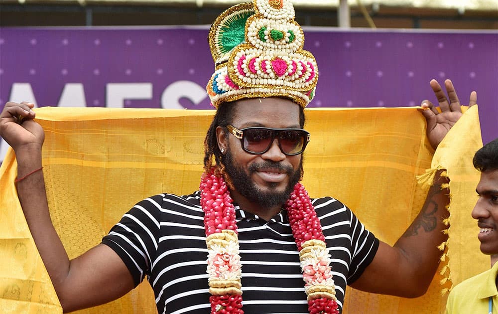 West Indies cricketer Chris Gayle at a school programme in Chennai