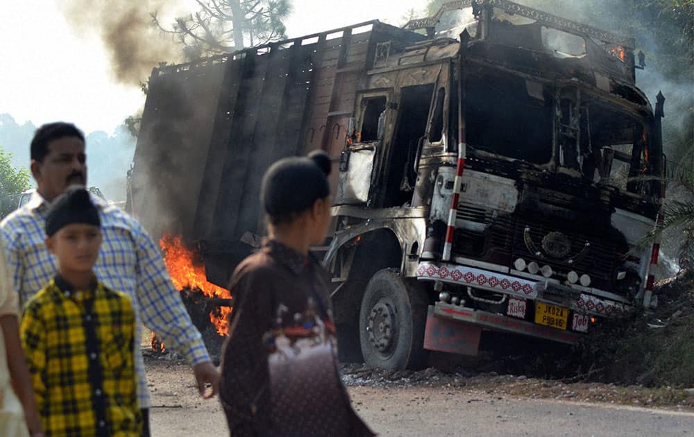 Protesters set ablaze a truck in which bovine animals were carried at in Chingus village