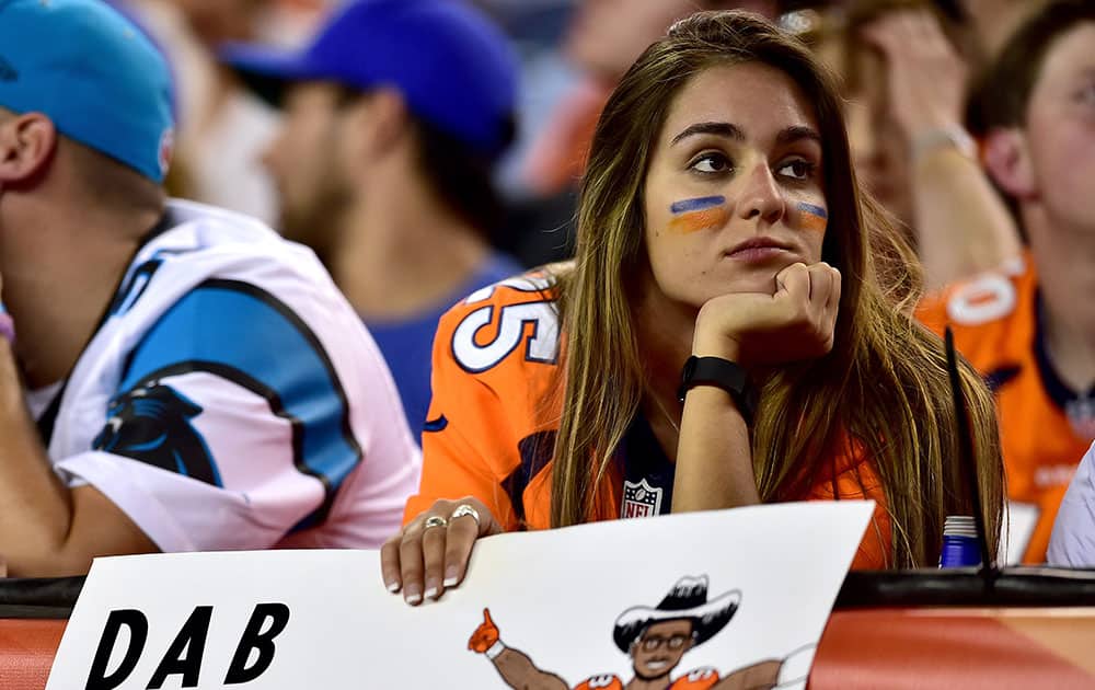  A Denver Broncos fan looks on as the Broncos take on the Carolina Panthers at Sports Authority Field at Mile High