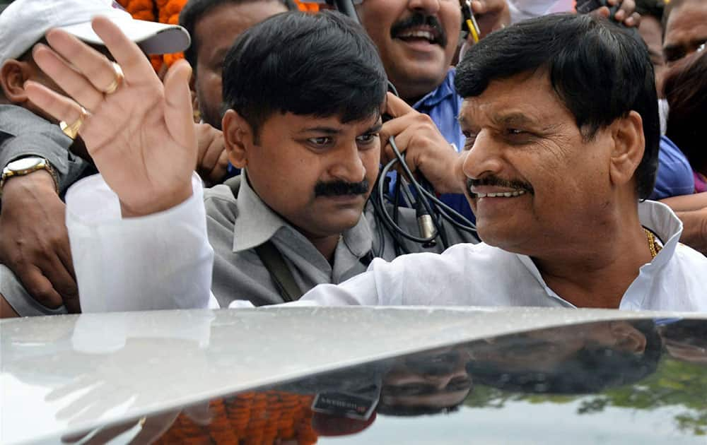 SP leader Shivpal Yadav arriving at Chowdhury Charan Singh Airport in New Delhi in Lucknow