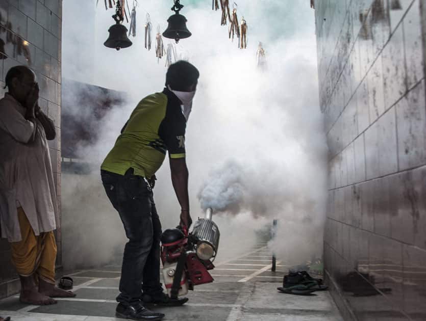 MCD worker fumigates a temple to prevent mosquitos from breeding