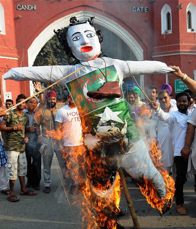 BJP workers protest against the attack on the Army camp in Uri, in Amritsar