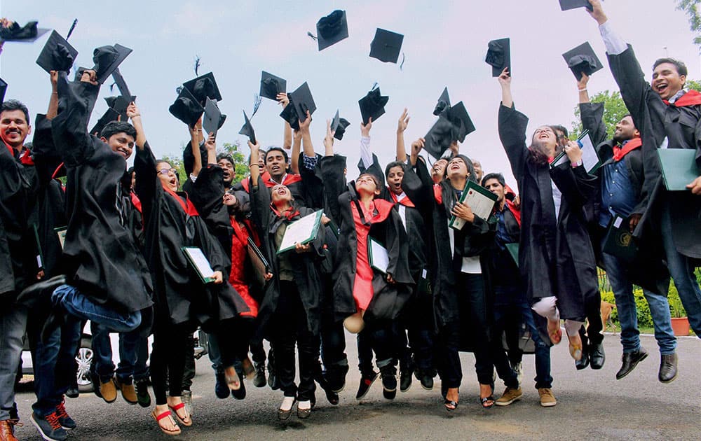 Students jubilate after receiving their degree at the 13th convocation ceremony of Maulana Azad National Institute of Technology