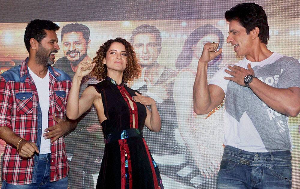 Bollywood actors Prabhu Deva, Kangana Ranaut and Sonu Sood during the song preview of Tutak Tutak Tutiya