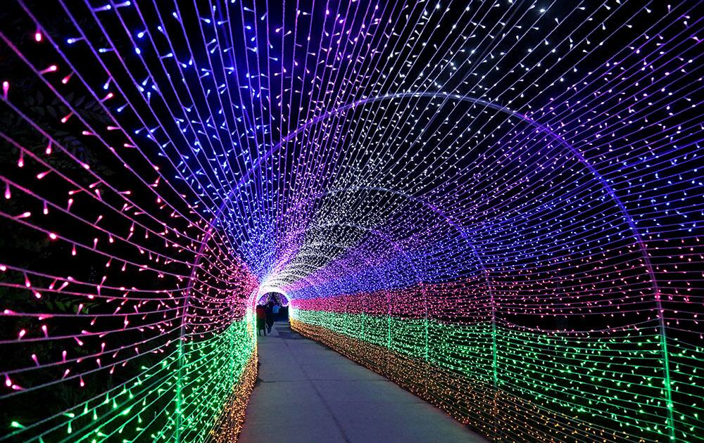 Colorful lights get illuminated during a light festival in Pingliang