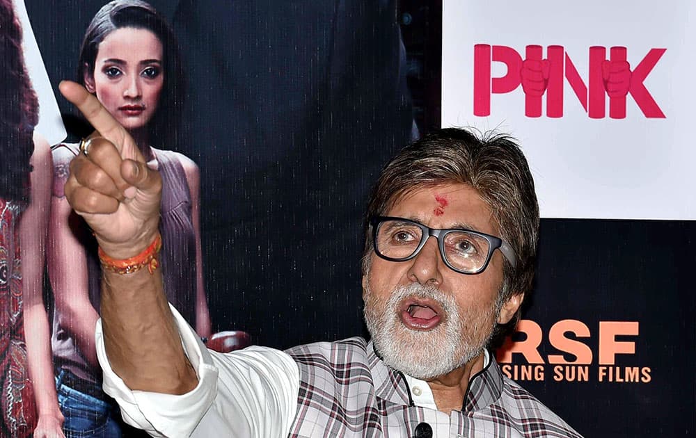 Bollywood megastar Amitabh Bachchan interacts with media during promotion of their film Pin