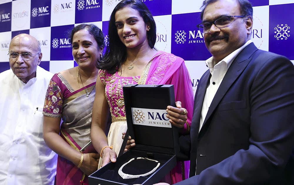 Olympic silver medalist P V Sindhu being felicitated at an event in chennai