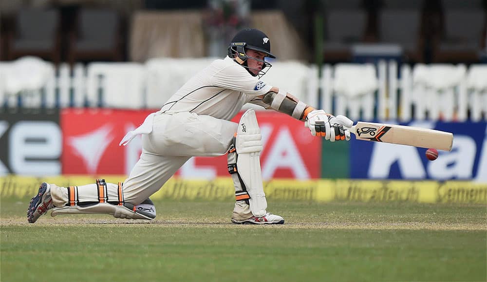 New Zealands Tom Latham plays a shot on the second day of the first Test match against India at Green Park in Kanpur