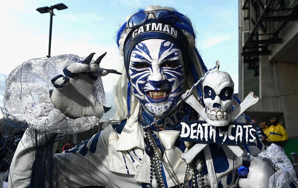 A Cats fan shows his support during the AFL Second Preliminary Final match