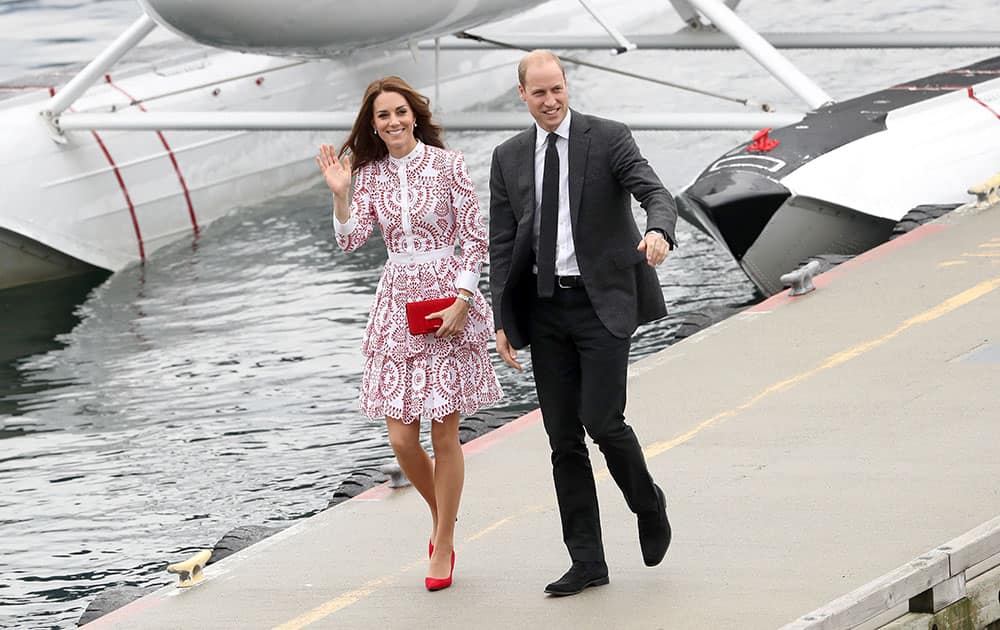 Catherine, Duchess of Cambridge and Prince William, Duke of Cambridge after they arrive by sea plane at the Vancouver Harbour Flight Centre