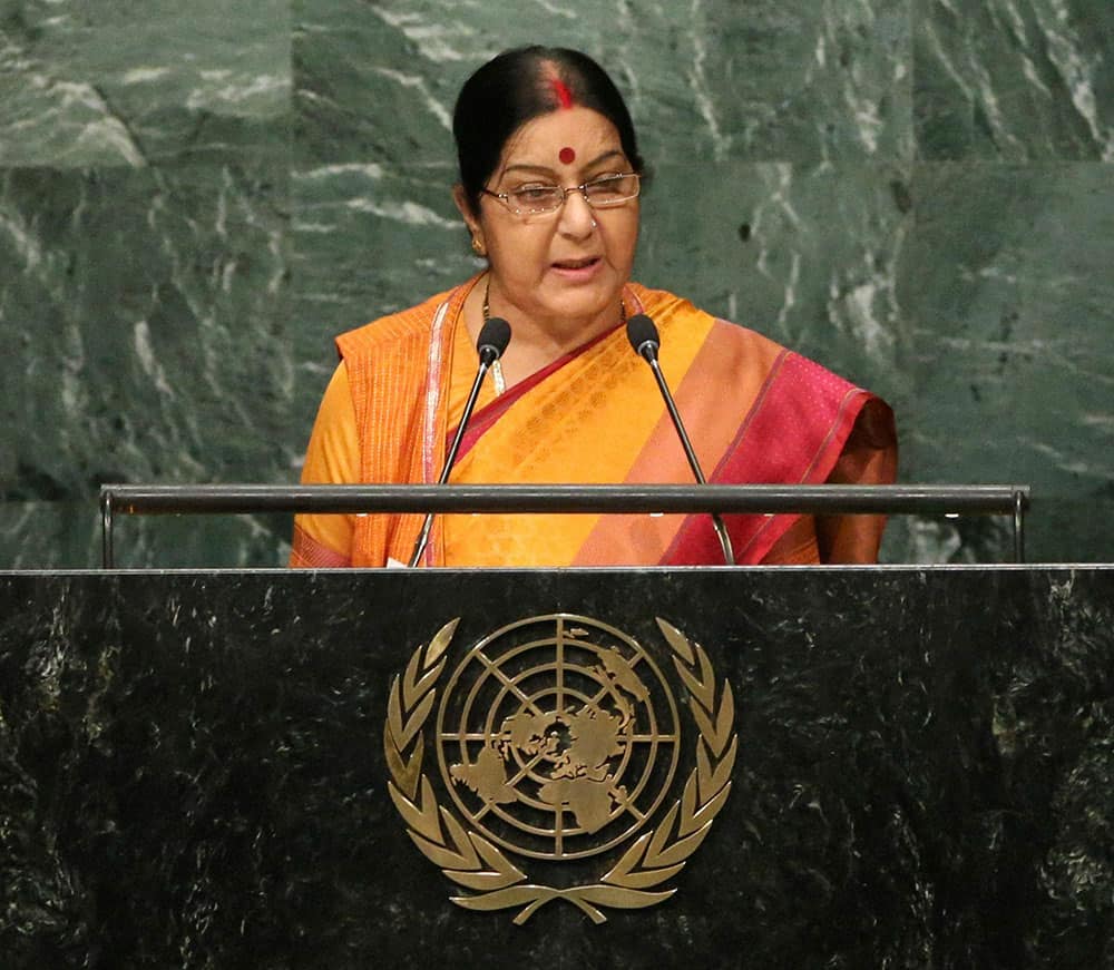 Sushma Swaraj speaks during the 71st session of the United Nations General Assembly at U.N. headquarters