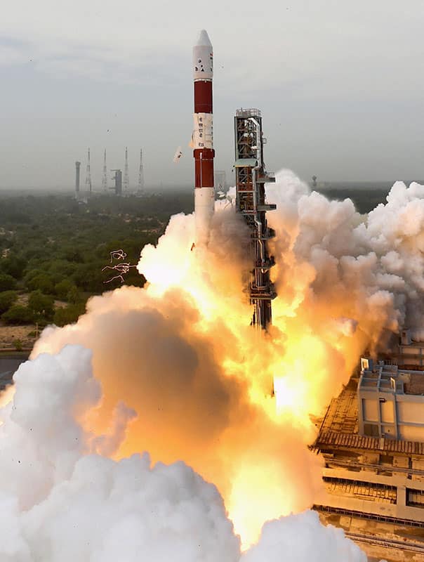 Indian Space Research Organisation (ISRO)s PSLV C35 carrying SCATSAT-1 and seven other satellites, lifts off from Satish Dhawan Space Center