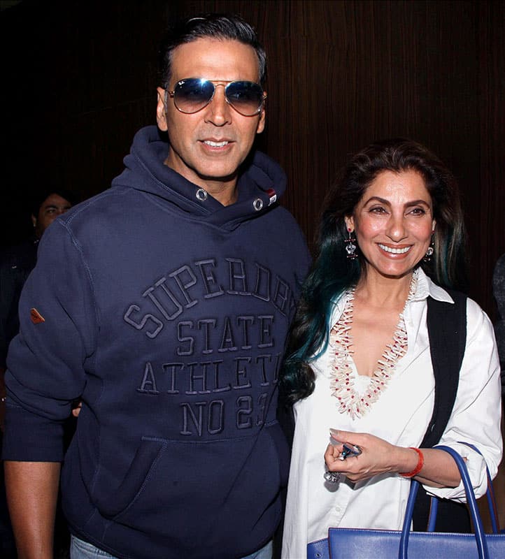 Bollywood actors Akshay Kumar with his mother-in-law actress Dimple Kapadia attend the music launch of Marathi film ‘Kaul Manacha