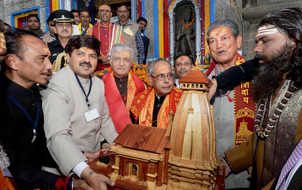 President Pranab Mukherjee during a visit to Kedarnath Temple