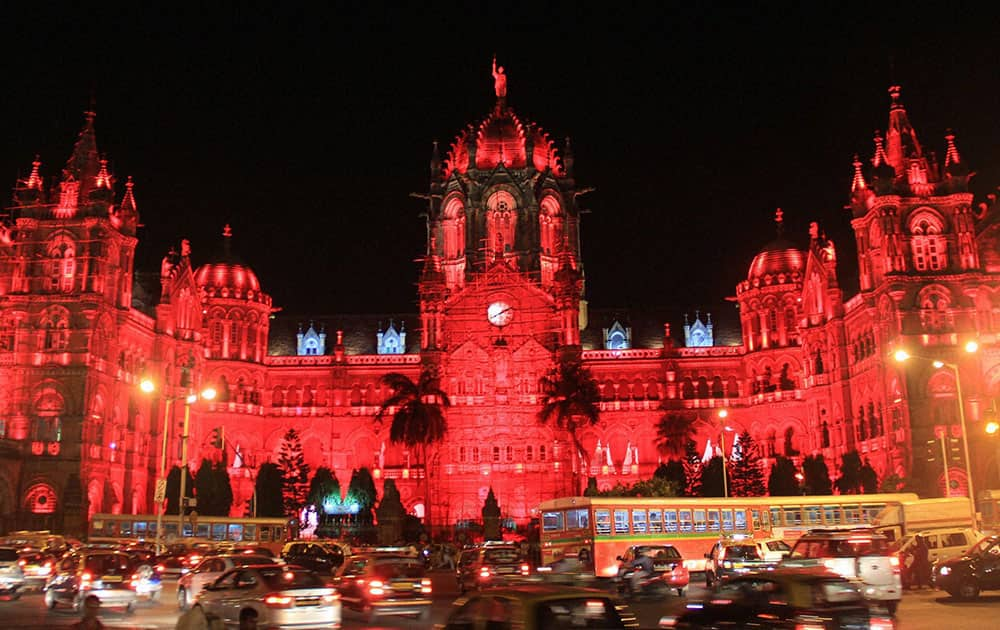 World Heritage site CST Railway station illuminated in Red colour to commemorate World Heart Day