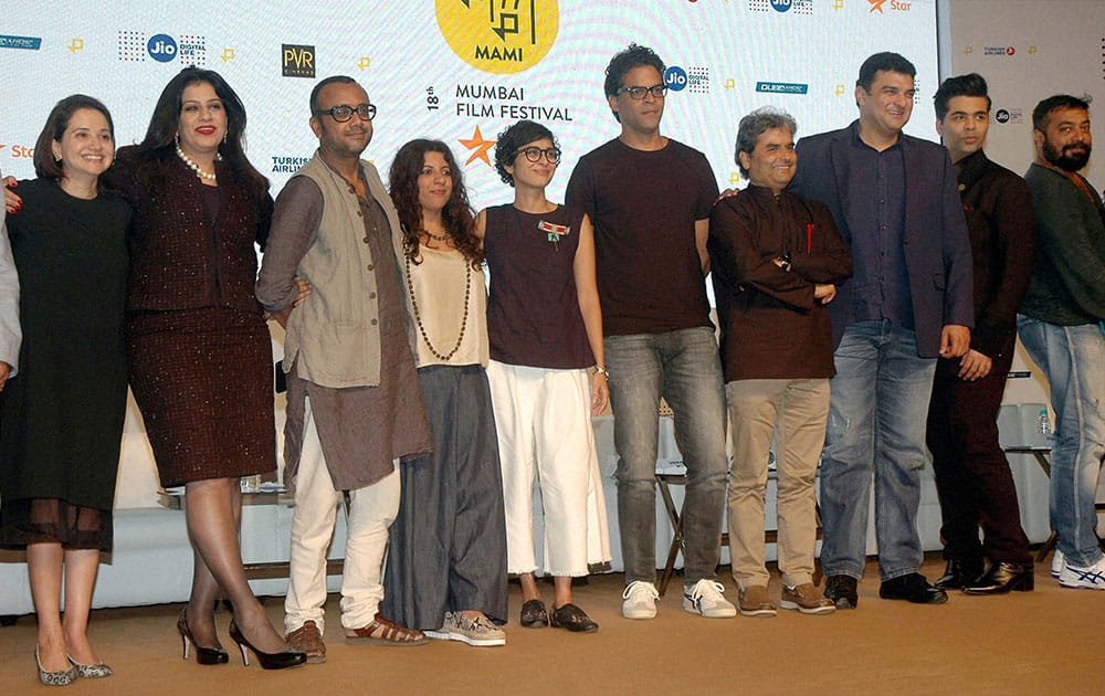 Film personalities Karan Johar, Kiran Rao, Anupamam Chopra, Zoya Akhter, Siddharth Roy Kapoor, Anurag Kashyap, Vishal Bhardwaj and Vikramaditya Motwani at a press conference for the announcement of the 18th Mumbai Film Festival