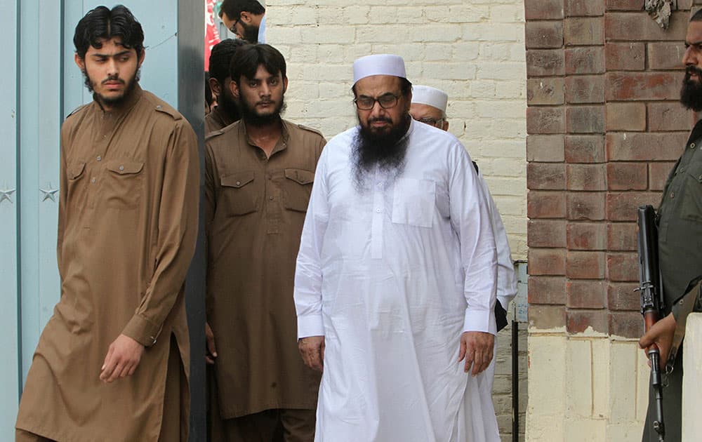 Hafiz Saeed, leader of Jamaat-ud-Dawa arrives to address an anti-Indian rally in Lahore, Pakistan