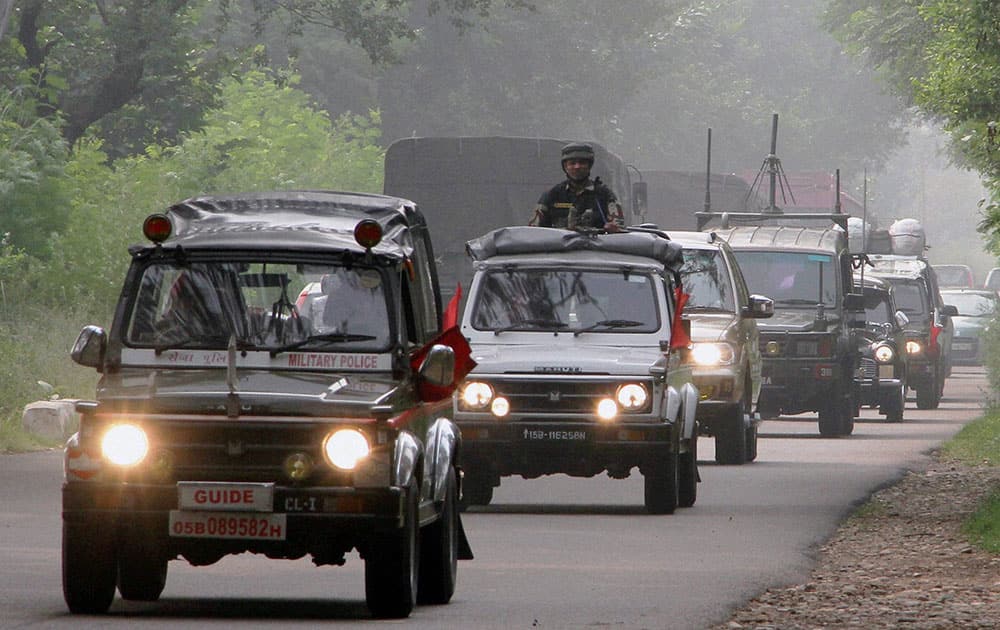 Indian Army vehicles move towards border areas in Akhnoor sector on India Pakistan Border at Akhnoor 35 km about from Jammu 