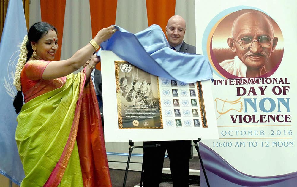 India`s renowned Carnatic Musician Sudha Raghunathan and on behalf of UN Postal Administration Stephen Cutts