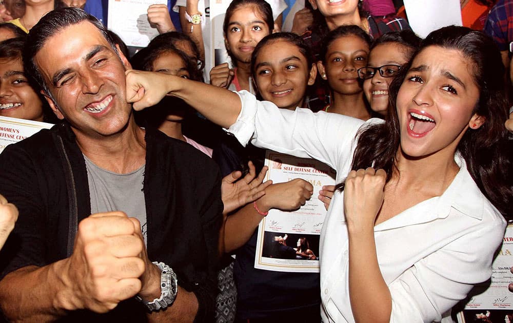 Bollywood actors Akshay Kumar and Alia Bhatt during the graduation day ceremony of women self defense center