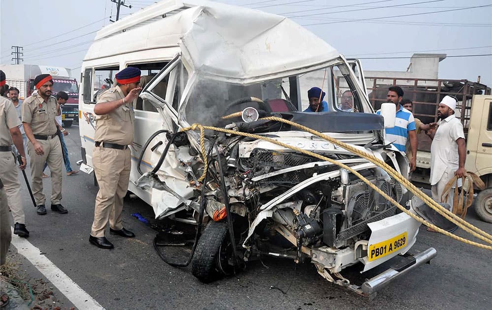 The wreckage of a vehicle following an accident in Jalandhar