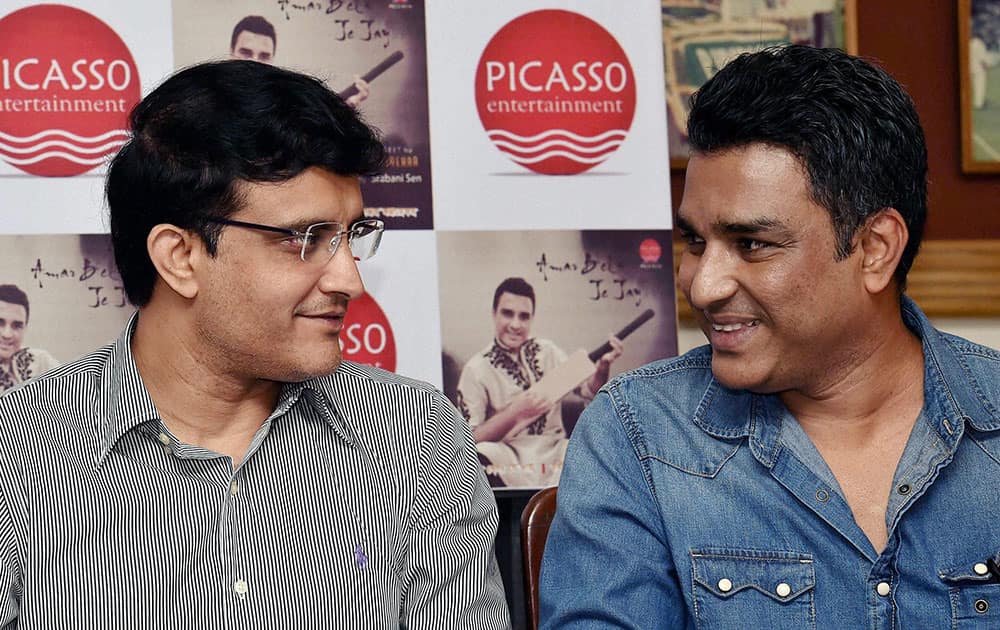Sourav Ganguly with former cricketer Sanjay Manjrekar at the launch of the latters debut Rabindrasangeet album