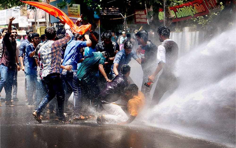 Police use water cannons against ABVP activists who were protesting against admission system of Self-financed medical colleges