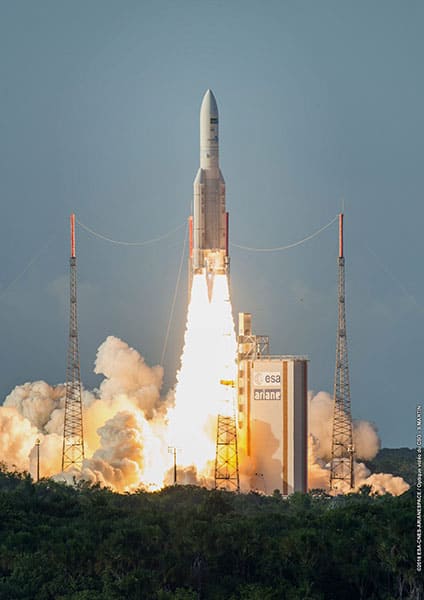 Ariane 5 carrying Indias latest communication satellite GSAT-18 lifts off from the Spaceport Kourou in French Guiana