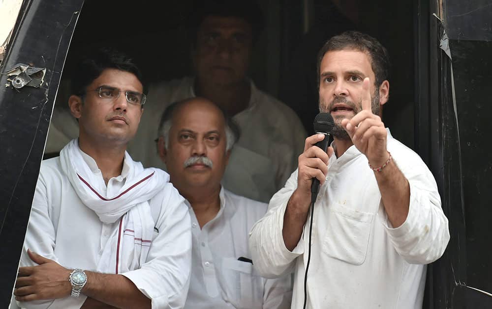Congress Vice President Rahul Gandhi addresses farmers at Rajghat in New Delhi on Thursday after his month-long Kisan Yatra in Uttar Pradesh