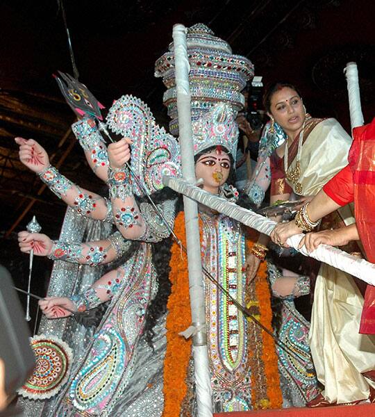 Bollywood Actress Rani Mukerjee at Durga puja pandal for Sindur khela event on the last day Durga puja 