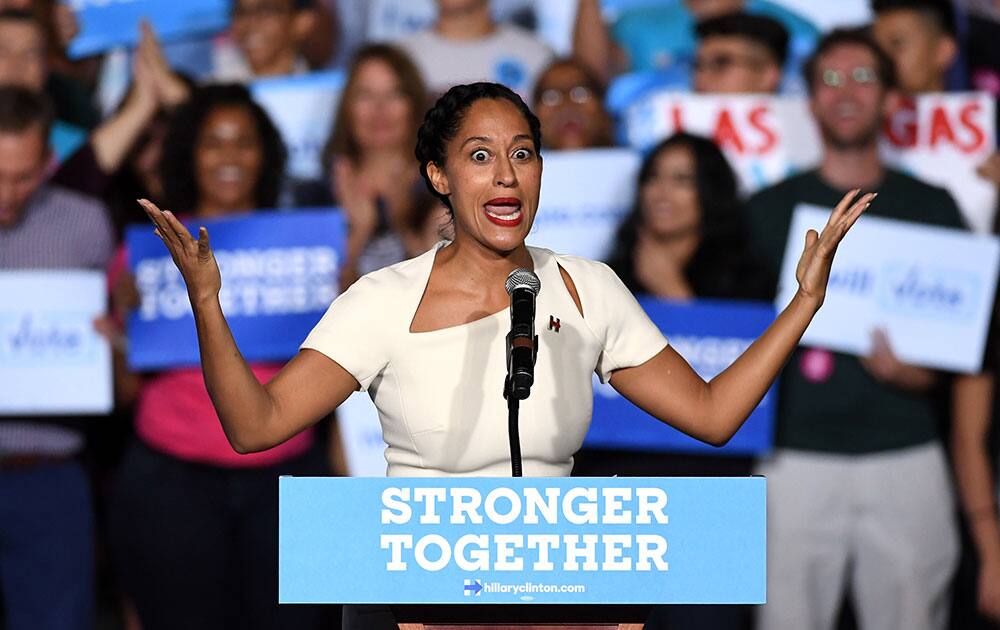 Actress Tracee Ellis Ross introduces Democratic presidential nominee Hillary Clinton at a campaign rally at The Smith Center for the Performing Arts in Las Vegas, Nevada