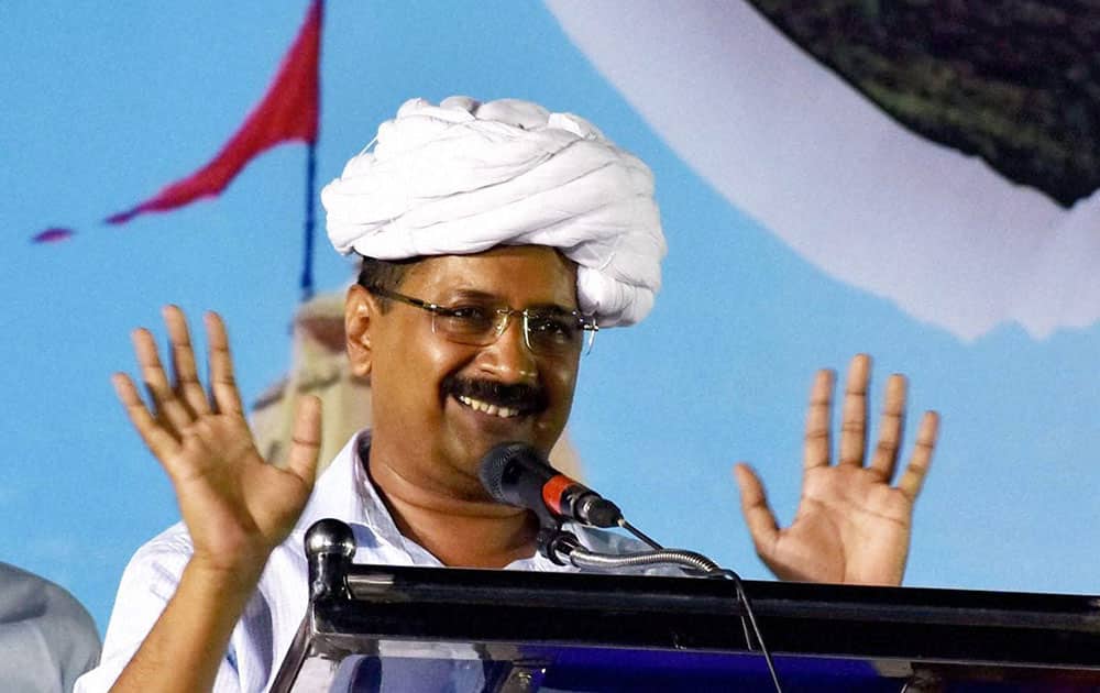 Delhi Chief Minister Arvind Kejriwal addressing at a public meeting in Surat