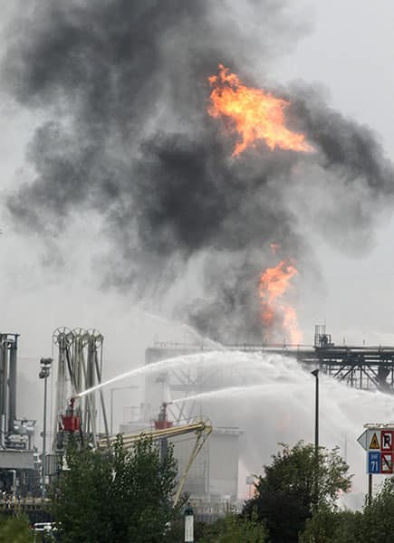 Smoke and fire rise from a facility belonging to chemical firm BASF in Ludwigshafen