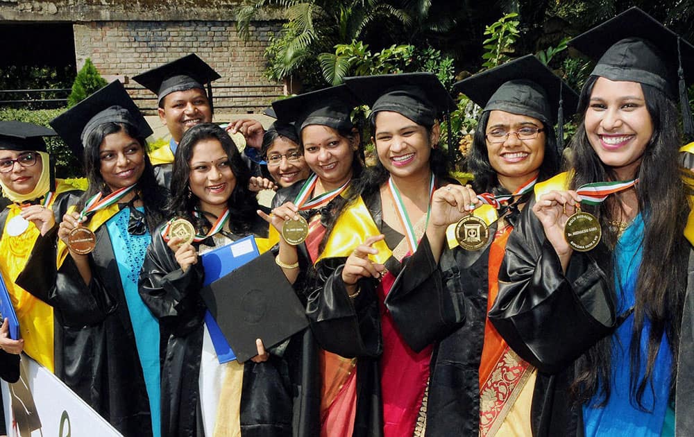 Students jubilate after the first convocation at Rajendra Institute of Medical Science (RIMS) in Ranchi