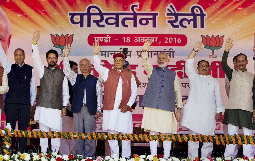 Prime Minister Narendra Modi during the BJP Parivartan Rally at Paddal Ground, Mandi