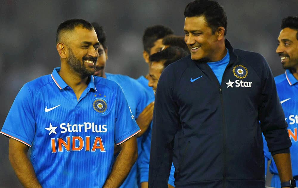 M S Dhoni shares moment with team coach Anil Kumble after India won the third ODI match