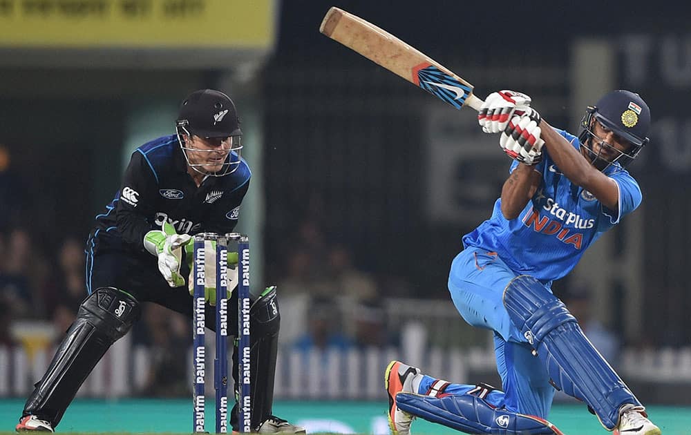 Indian batsman A Patel plays a shot during 4th ODI against New Zealand