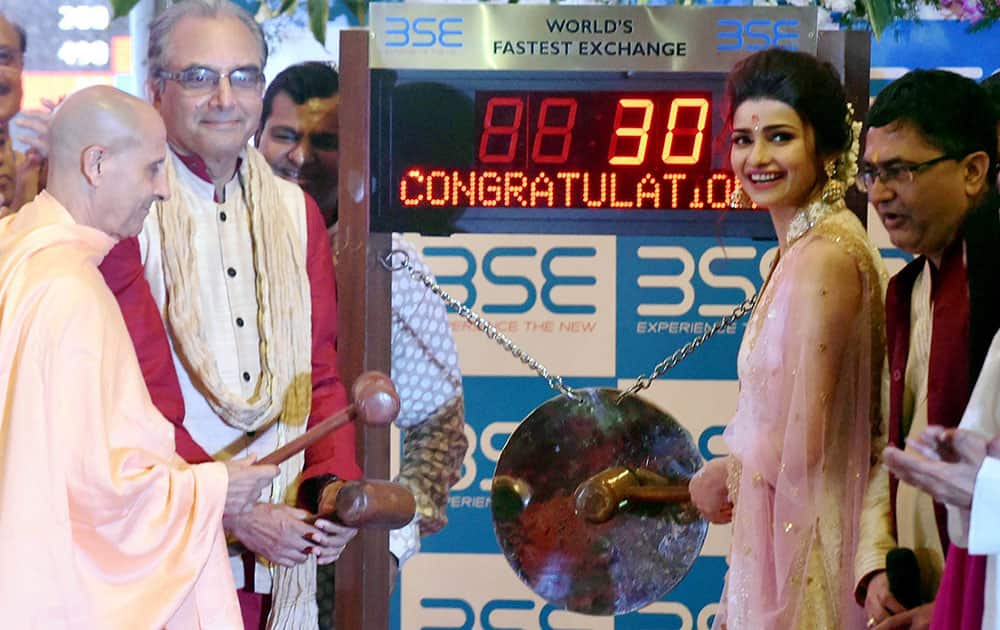 Prachi Desai ringing the bell during a special “muhurat” trading session for Diwali at BSE in Mumbai