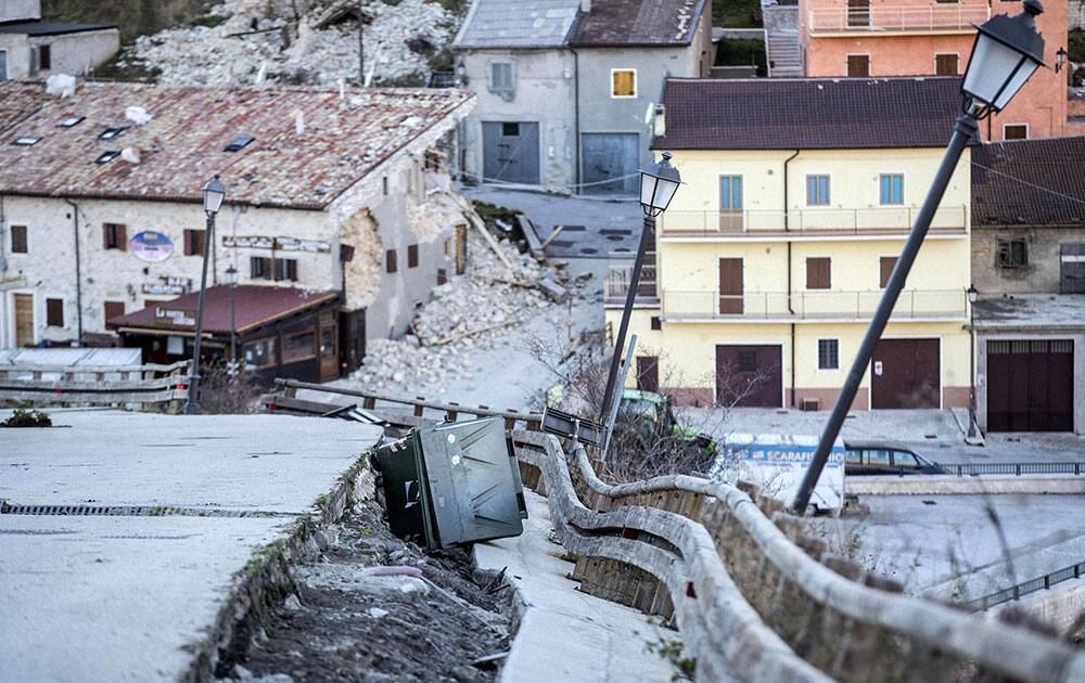 A view of a badly damaged road in Castelluccio di Norcia